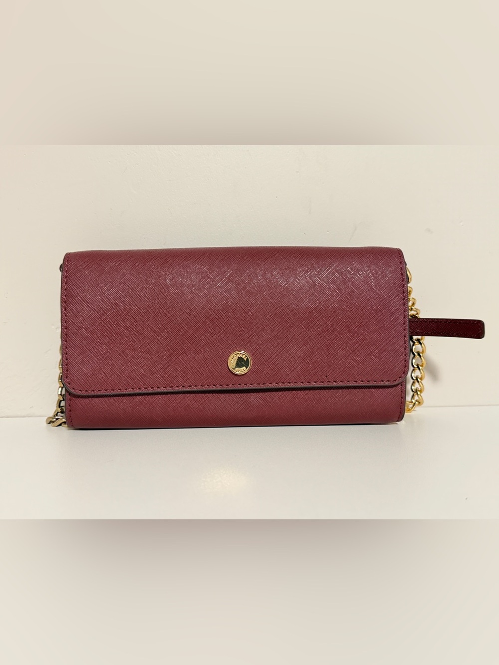 Michael Kors Small Logo Signature Clutch Wallet Crossbody On A Chain - Burgundy